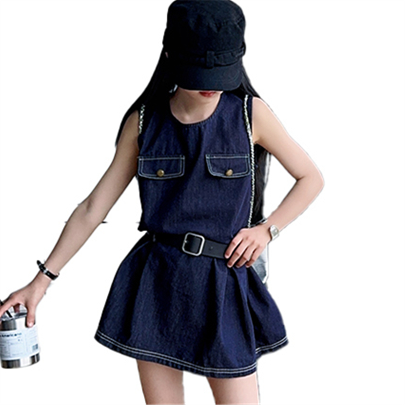Vintage Fashion Outfit - スタイリッシュなキッズファッションデニムボディスーツドレス女の子のためのヴィンテージダークブルージーンズスカートベルト付き子供トレンディなストリート衣装 5-14Y