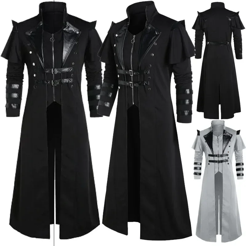 Vintage Fashion Designers - ヴィンテージハロウィン中世スチームパンクエルフ海賊コスチューム大人男性用ロングスプリットジャケットゴシックアーマーレザーコート