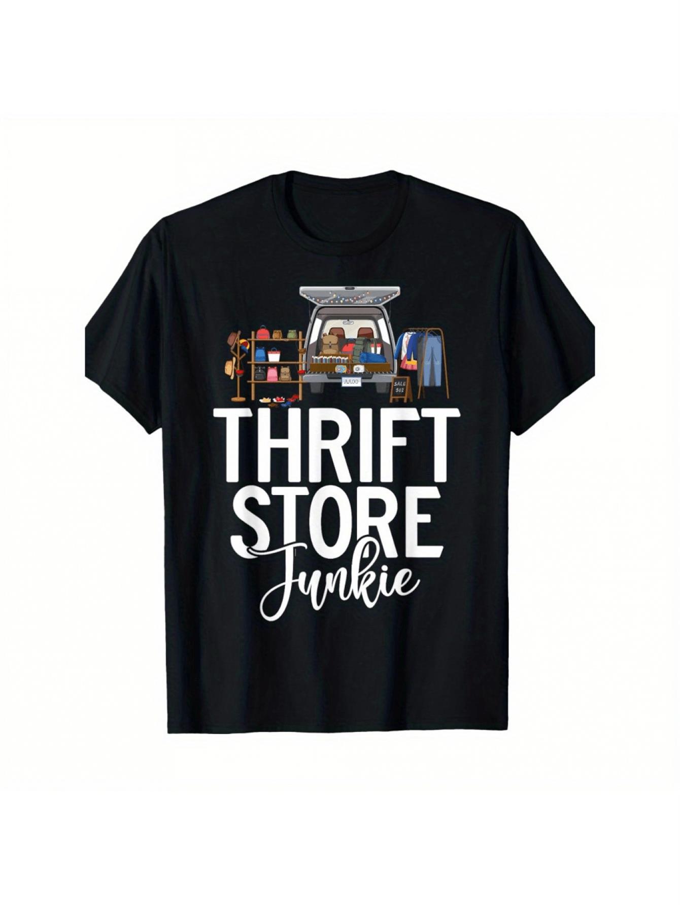 Vintage Fashion Thrift - メンズヴィンテージ古着店柄Tシャツ1枚 - 古着店愛好家向けのデザインとヴィンテージショッピングカート柄がプリントされた半袖カジュアルTシャツ
