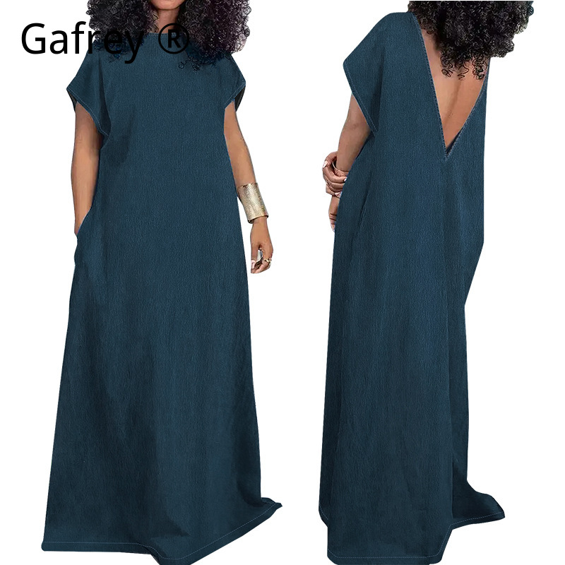 Vintage Fashion Outfit - XXXXL プラスサイズの女性デニムマキシドレスノースリーブバックレスカジュアルスリムフィットヴィンテージファッションロングジーンズドレスエレガントなパーティー衣装