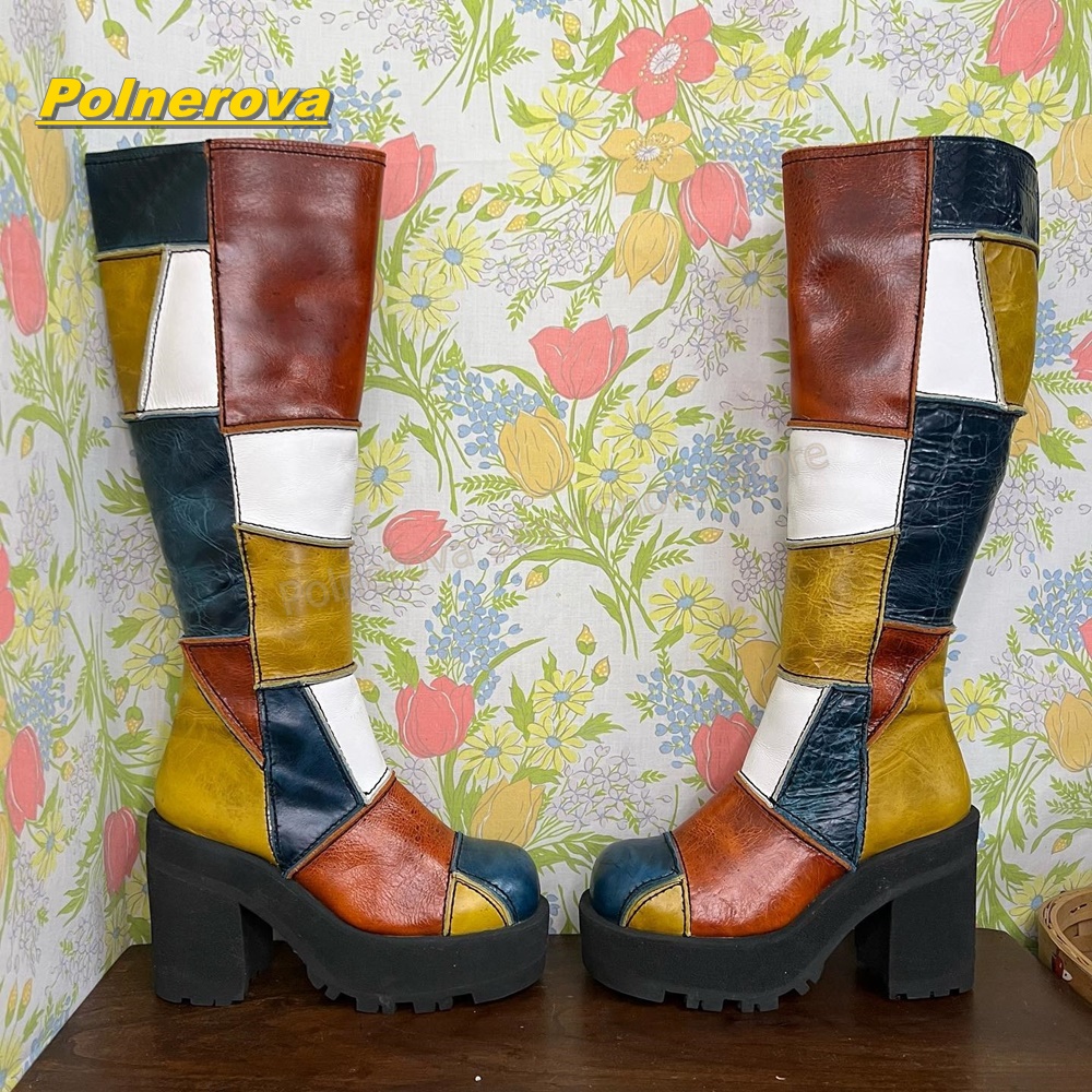 Vintage Fashion Style - 女性レトロパッチワークレザーニーハイブーツカラーブロックチャンキープラットフォームブロックヒールヴィンテージ Y2K ストリートファッション靴 2026
