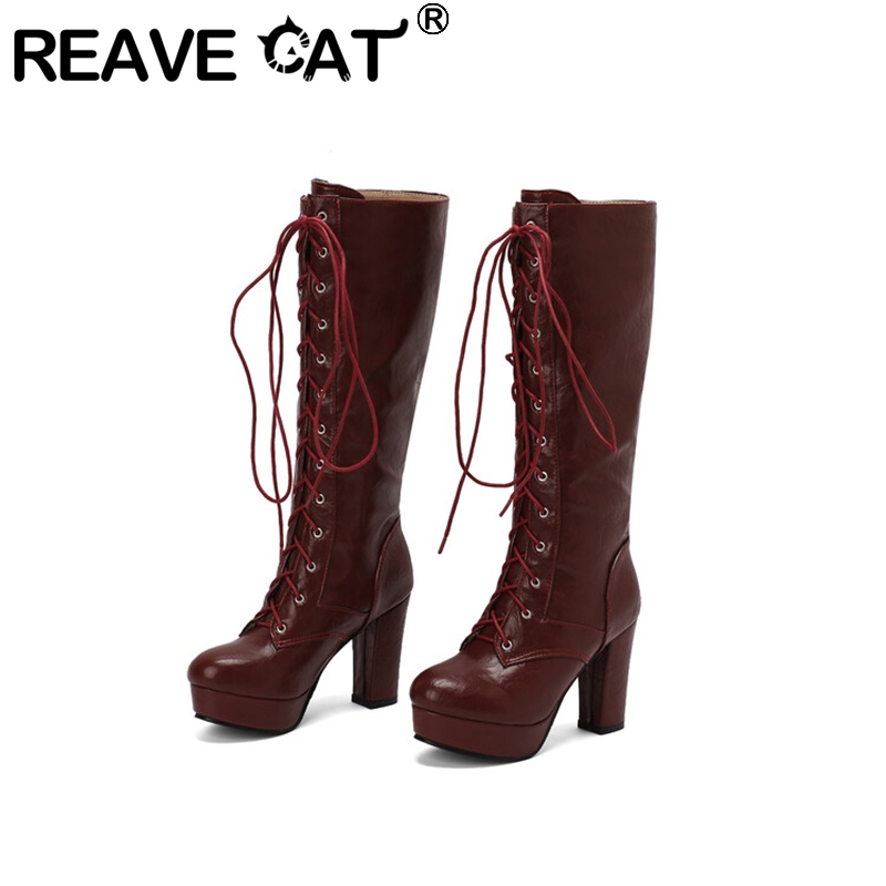 Vintage Fashion Style - Reave cat-女性用ヴィンテージニーブーツラウンドトゥ,ブロックヒール,プラットフォーム10cm,クロスストラップ3cm,デイリーファッション,サイズ48,49