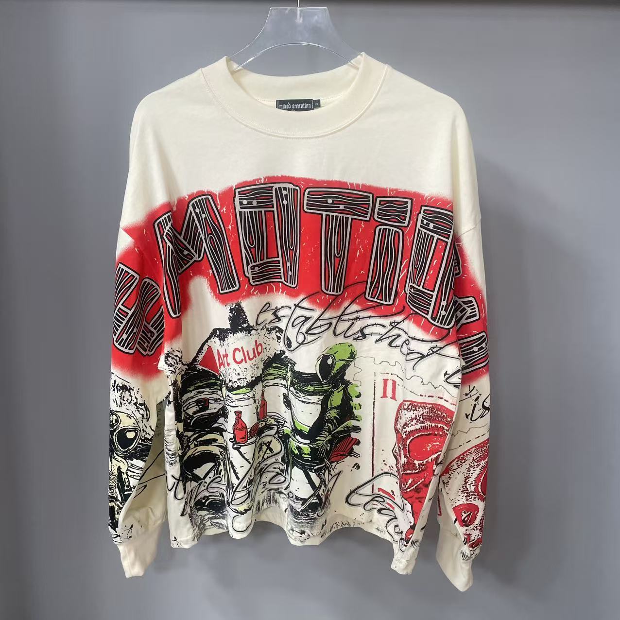Vintage Fashion Style - 高品質デザイナー MIXED-EMOTION 長袖Tシャツ 100%コットン メンズ＆レディース ヴィンテージプリント＆ホットフィックスラインストーン