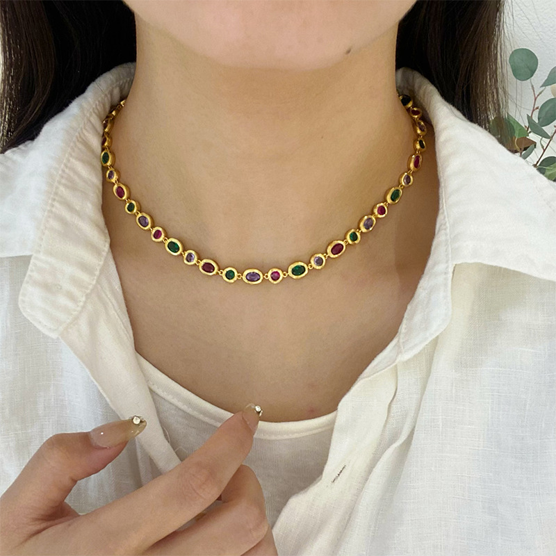 Vintage Fashion Tiktok - TikTokで話題沸騰中！アンティーク調の紫・赤・緑のジルコンストーンを使ったネックレス、イヤリング、ブレスレットのセット（女性用）
