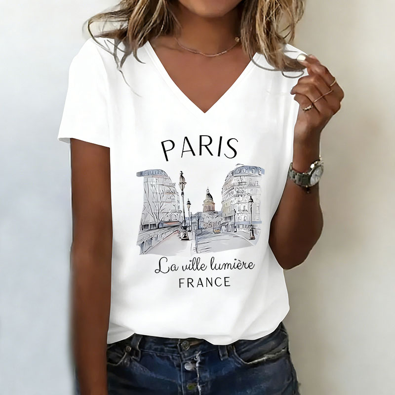 Vintage Fashion In Paris - ヴィンテージパリ Tシャツ V ネックカジュアルファッション Y2k レトロパリ