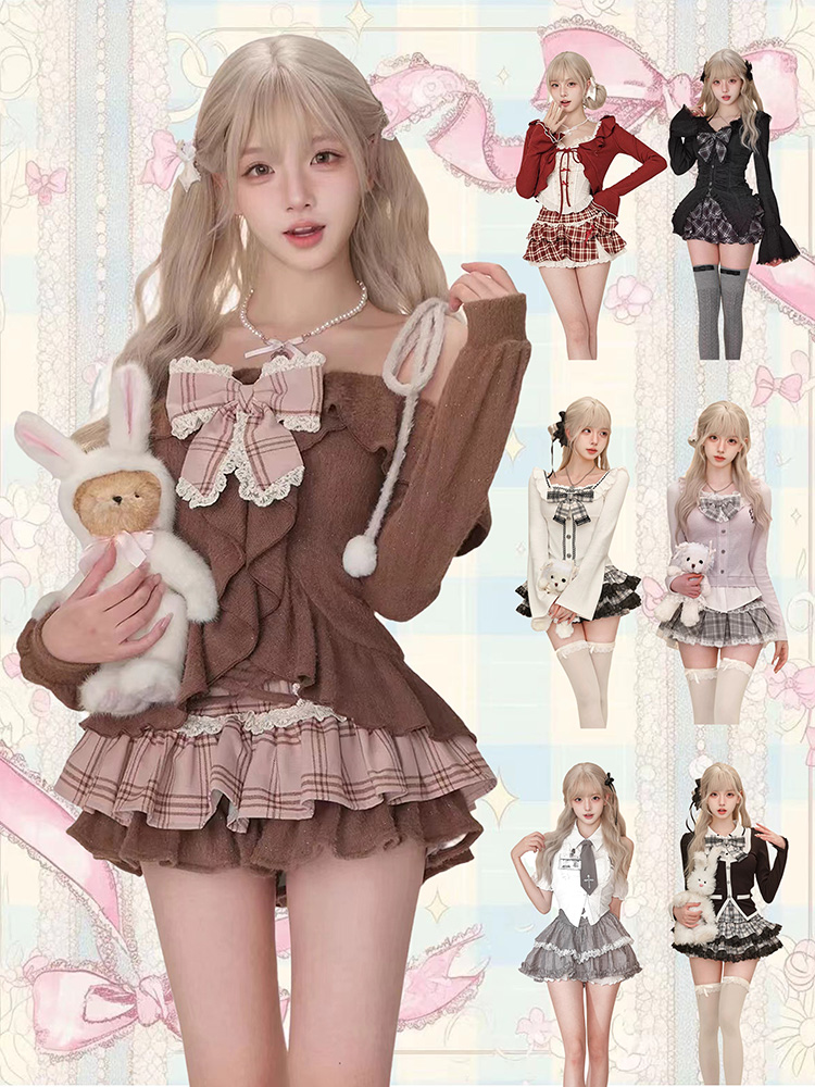 Vintage Fashion Outfit - ゴシックY2Kヴィンテージプレッピースタイル2ピースセット レディース スイートボウニットカーディガン フリル付き格子柄ミニスカート ファッションロリータ衣装 新作