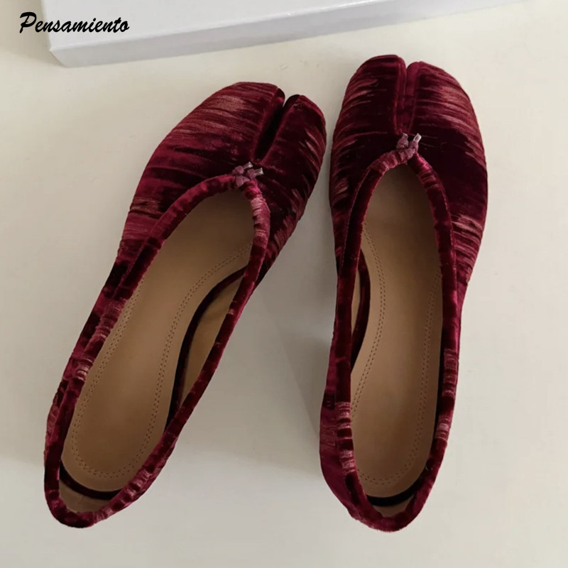 Vintage Fashion Style - ファッションプリーツデザイナーフランネルスプリットトゥ女性用バレエパンプスヴィンテージローヒールタビローファーカジュアルソフトソールウォーキングシューズ