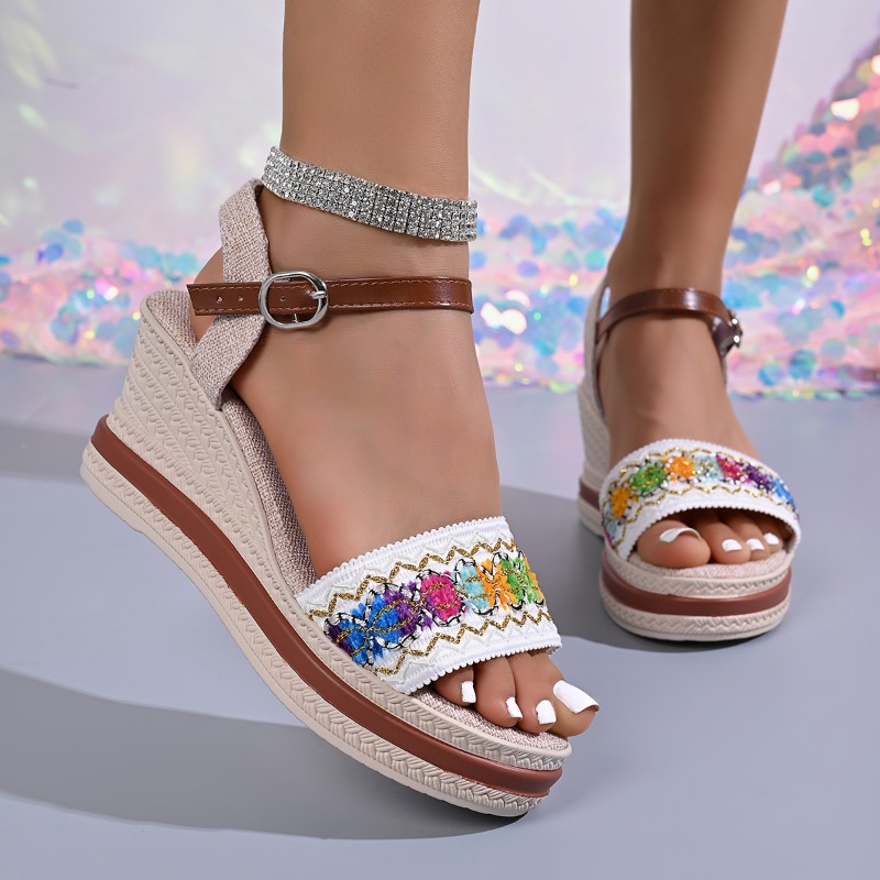 Vintage Fashion Style - 夏のボヘミアンスタイル、編み込みデザインの女性用ヒールミュール、ヴィンテージ風アンクルストラップウェッジ、厚底レディースシューズ、サンダル（女性用）