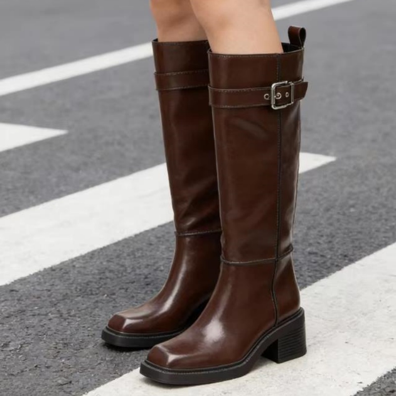 Vintage Fashion Style - 英国風ブラウンニーブーツ レディース ファッション ベルトバックル装飾 チャンキーヒール プラットフォームブーツ