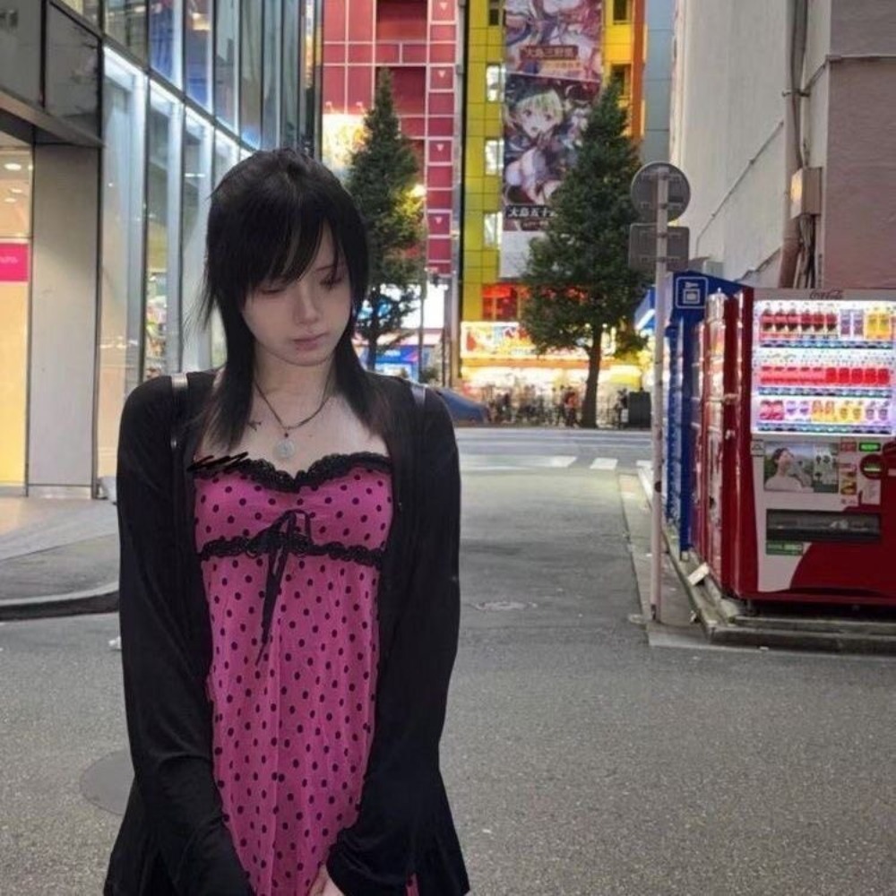 Vintage Fashion Outfit - 和菓子 2 点セット女性ポルカドットホルターベスト Y2k レースパッチワークトップスシックなカーディガン原宿ファッションヴィンテージ衣装