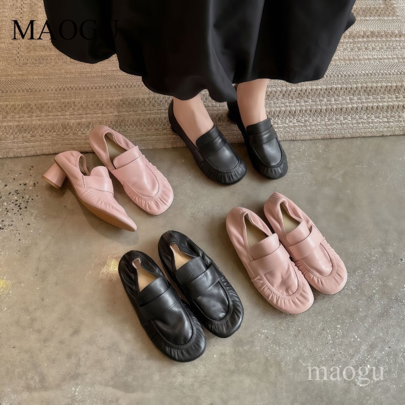 Vintage Fashion Ladies - ソフトレザーローファー女性のプリーツラウンドトゥスリッポンミッドヒールコンフォートパンプスヴィンテージエレガントレディースカジュアルシューズサイズ35-40