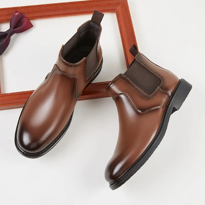 Vintage Fashion Style - ヴィンテージメンズレザーオックスフォードブーツ高級ハンドメイド2026春新作ファッションブリティッシュスタイルラウンドトゥスリッポンアンクルソーシャルシューズ男性用