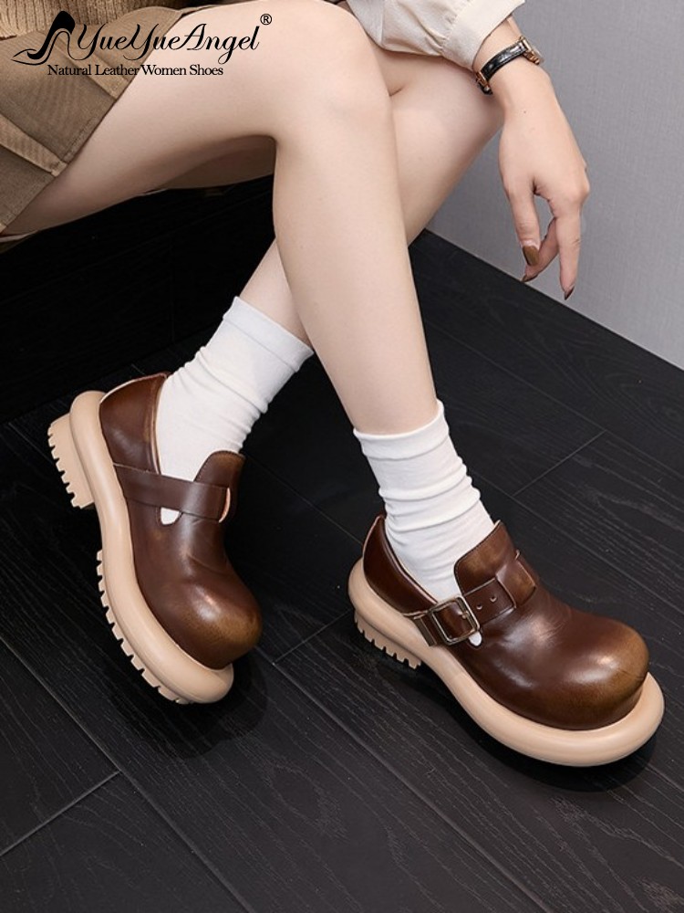 Vintage Fashion Style - 英国風ヴィンテージ牛革本革ダービーシューズ レディース プラットフォームパンプス ラウンドトゥ バックル付き 通気性のあるレディースカジュアルシューズ