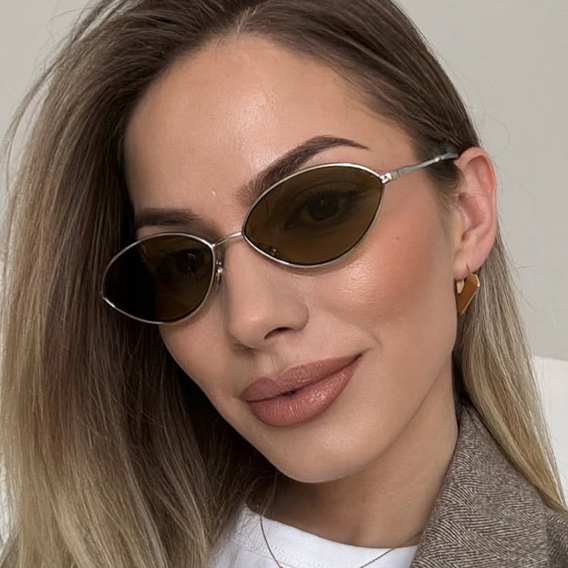 Vintage Fashion Glasses - レトロなキャットアイ女性用サングラス、ブランドデザイン、オーバル型トレンドサングラス、メタルフレームヴィンテージアイウェア、男性用サングラス