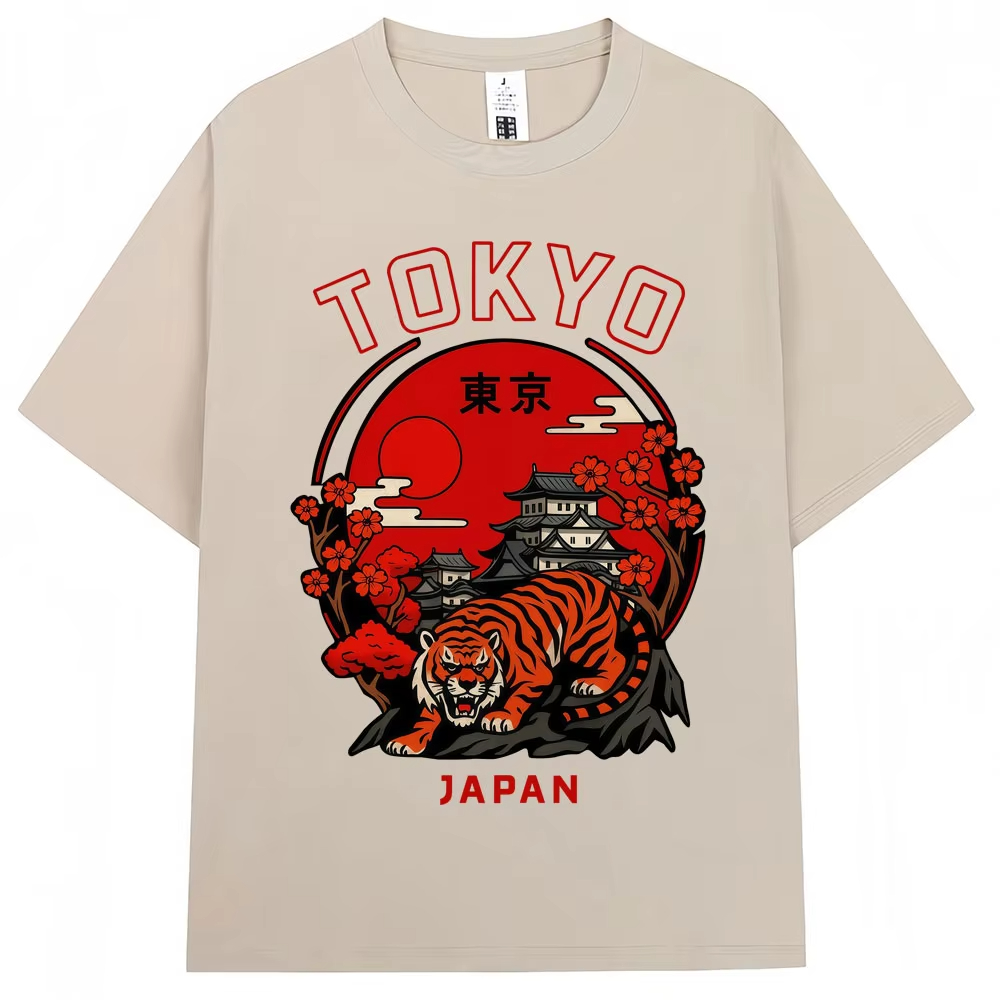 Vintage Fashion Tokyo - 日本風東京タイガー桜柄グラフィックTシャツ メンズ レディース ファッション ヴィンテージ 半袖