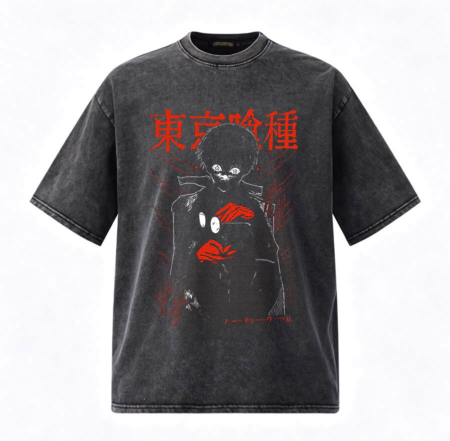 Vintage Fashion Tokyo - ヴィンテージウォッシュアニメ東京グールカネキケン Tシャツメンズレディース服ファッションカジュアルコットンオーバーサイズ半袖 Tシャツ
