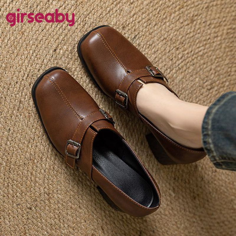 Vintage Fashion Designers - Girseaby ヴィンテージ女性パンプススクエアトゥブロックヒールスリップオンベルトバックルプラスサイズ 45 46 47 ソフトファッション新デザイン夏の靴