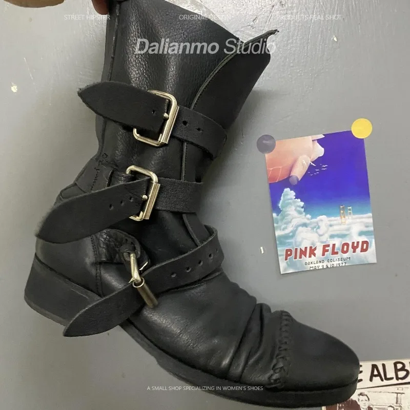 ファッションメンズ本革バイクブーツバックルストラップミッドカ - Vintage Fashion Style のレビューと価格