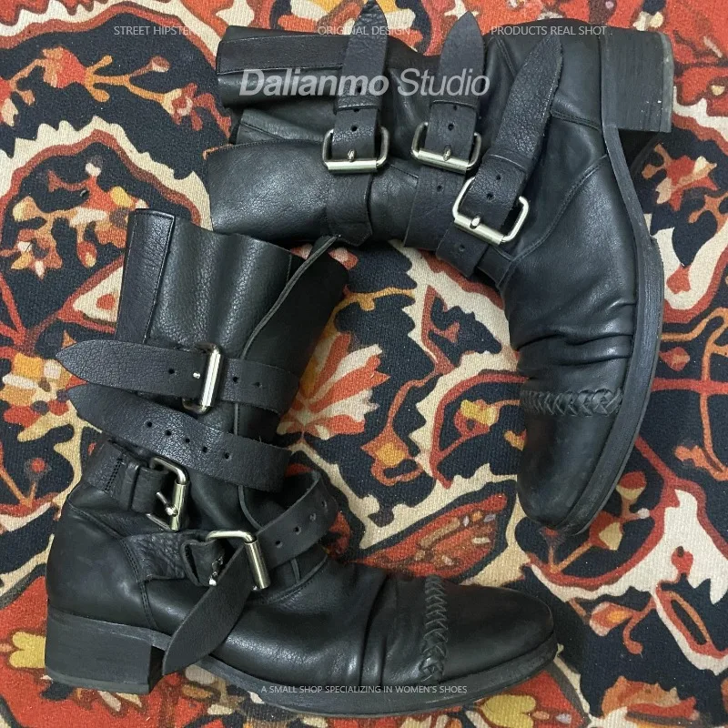 ファッションメンズ本革バイクブーツバックルストラップミッドカ - Vintage Fashion Style のレビューと価格