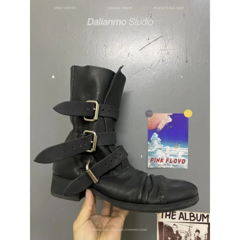 ファッションメンズ本革バイクブーツバックルストラップミッドカ - Vintage Fashion Style のレビューと価格