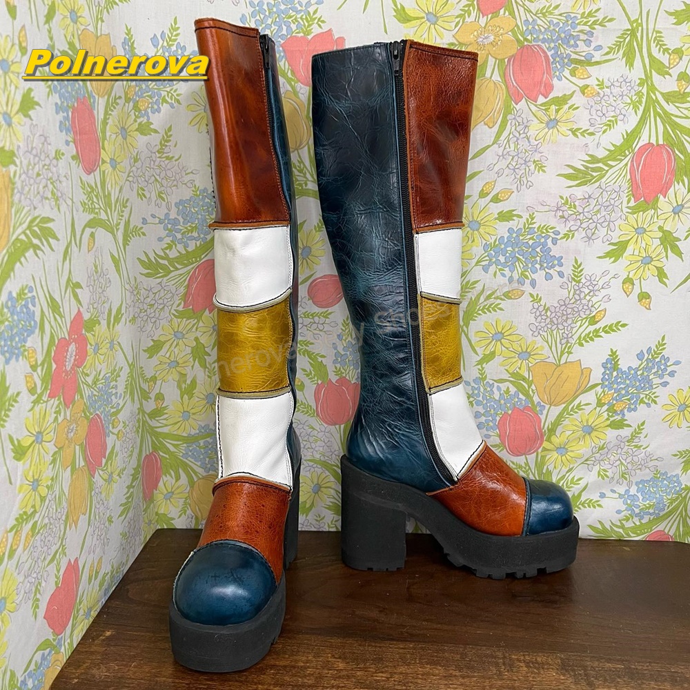 女性レトロパッチワークレザーニーハイブーツカラーブロックチャ - Vintage Fashion Style のレビューと価格