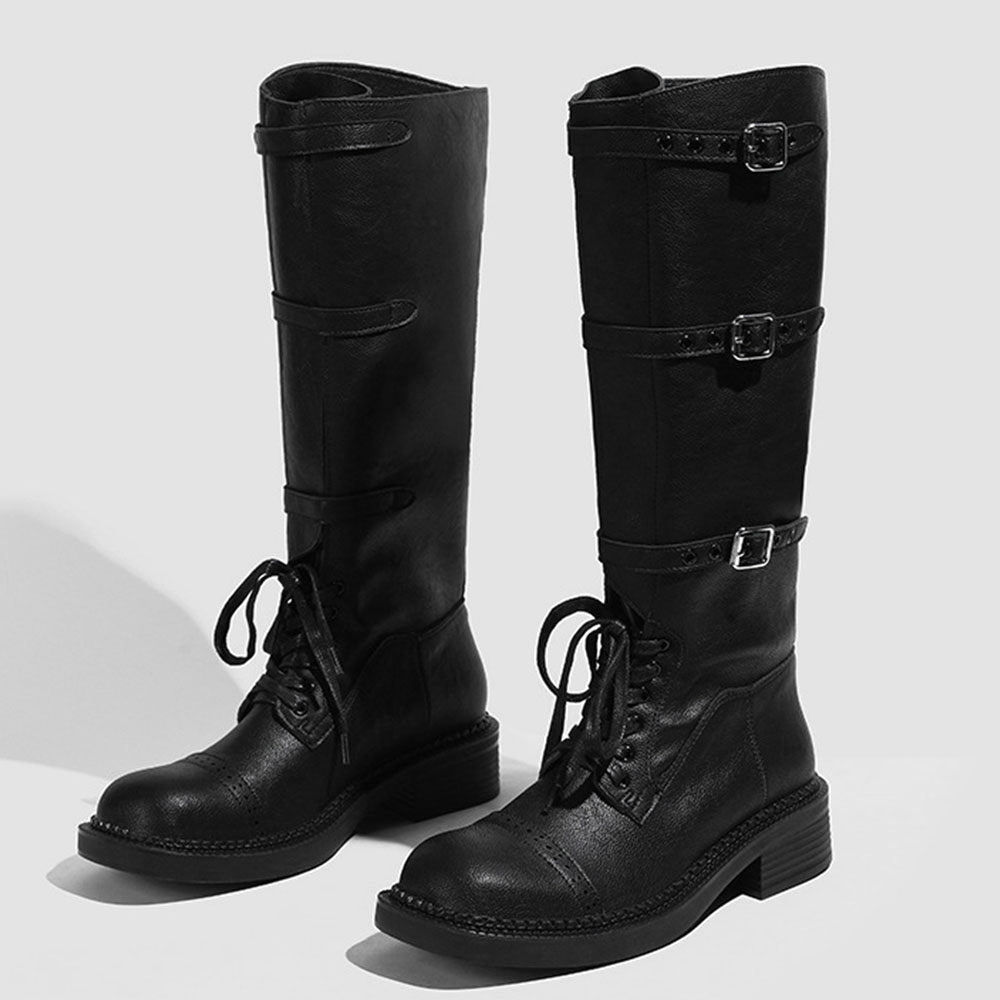 女性のニーハイブーツヴィンテージベルトバックルデザイン女性の - Vintage Fashion Style のレビューと価格