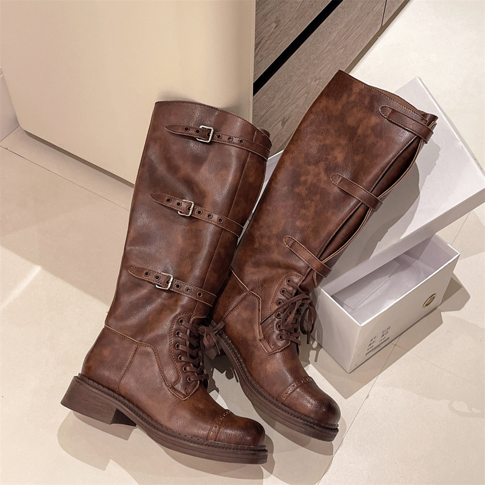 女性のニーハイブーツヴィンテージベルトバックルデザイン女性の - Vintage Fashion Style のレビューと価格