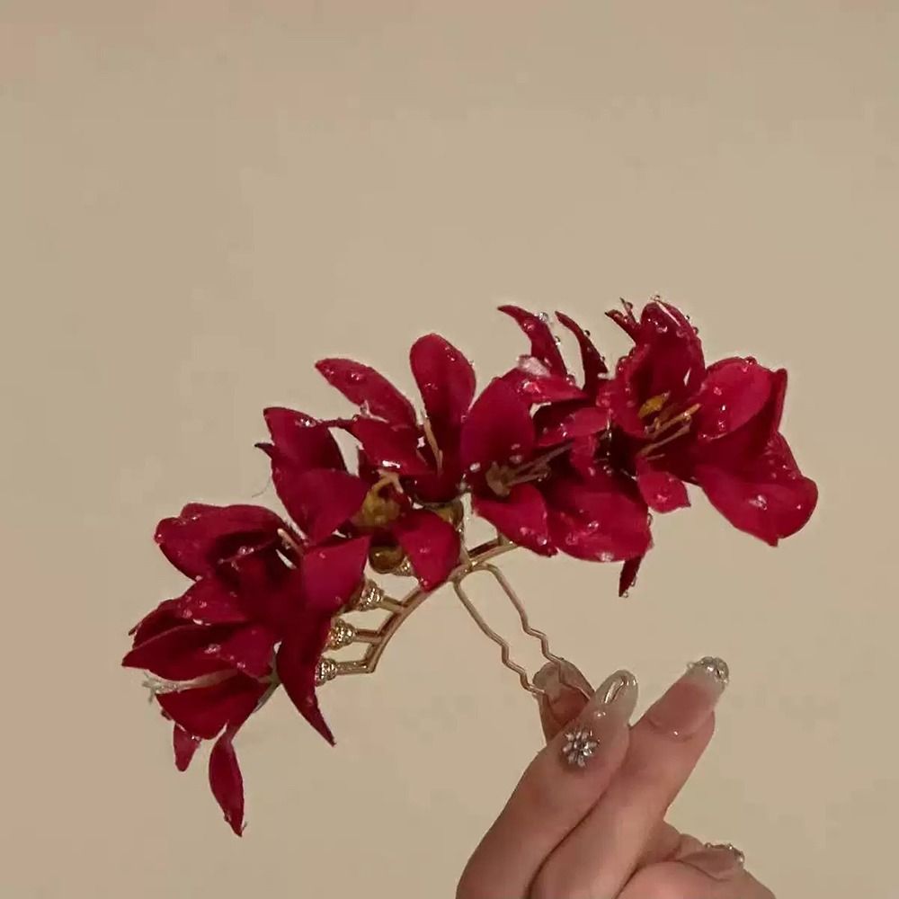 バラの花赤い花のヘアピン中国風装飾ブライダルヘア飾りスーパー - Vintage Fashion Ornaments のレビューと価格