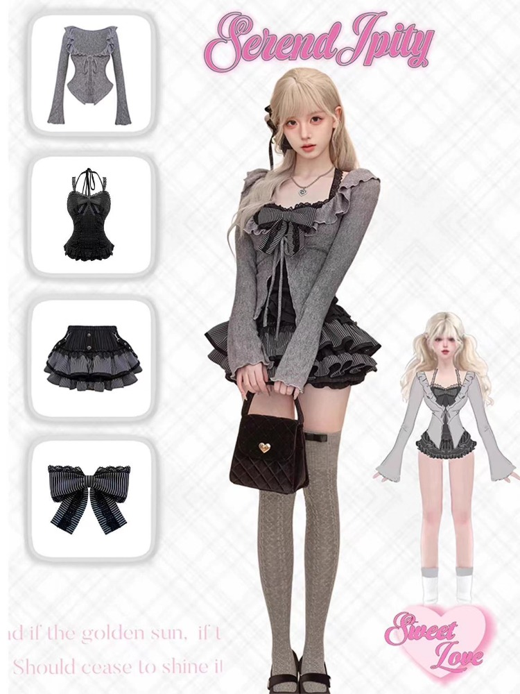 ゴシックY2Kヴィンテージプレッピースタイル2ピースセット  - Vintage Fashion Outfit のレビューと価格