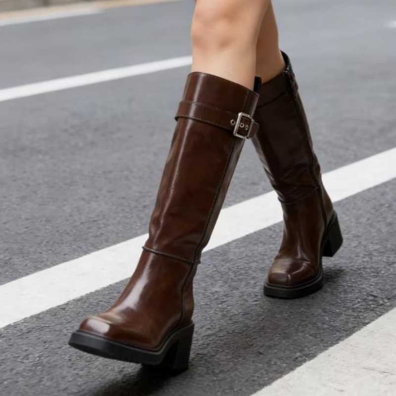英国風ブラウンニーブーツ レディース ファッション ベルトバ - Vintage Fashion Style のレビューと価格