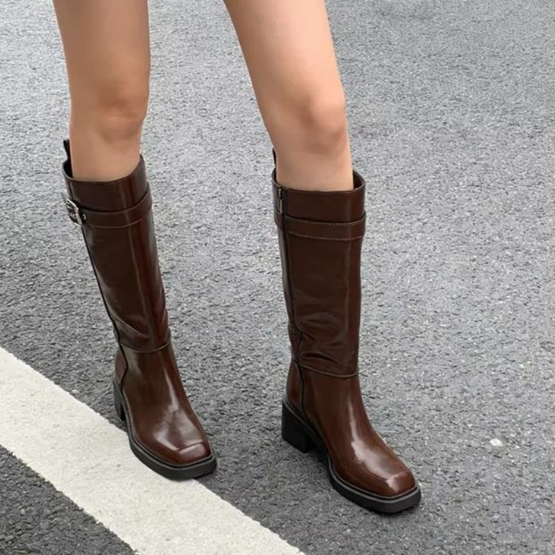 英国風ブラウンニーブーツ レディース ファッション ベルトバ - Vintage Fashion Style のレビューと価格