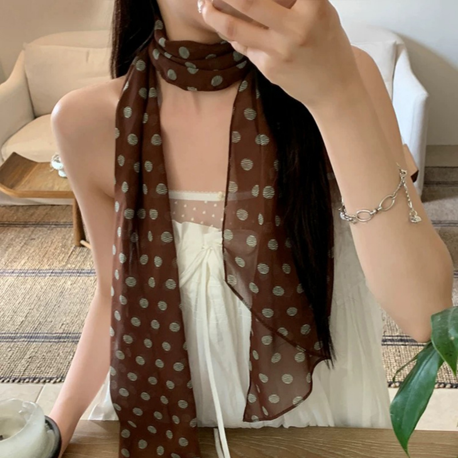 ヴィンテージポルカドットシフォンスカーフ女性用軽量シースルー - Vintage Fashion Outfit のレビューと価格