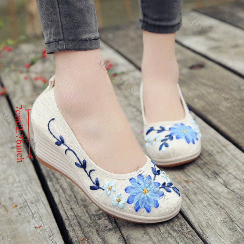 刺繍入り女性用コンフォートウェッジプラットフォームシューズ、 - Vintage Fashion Ladies のレビューと価格
