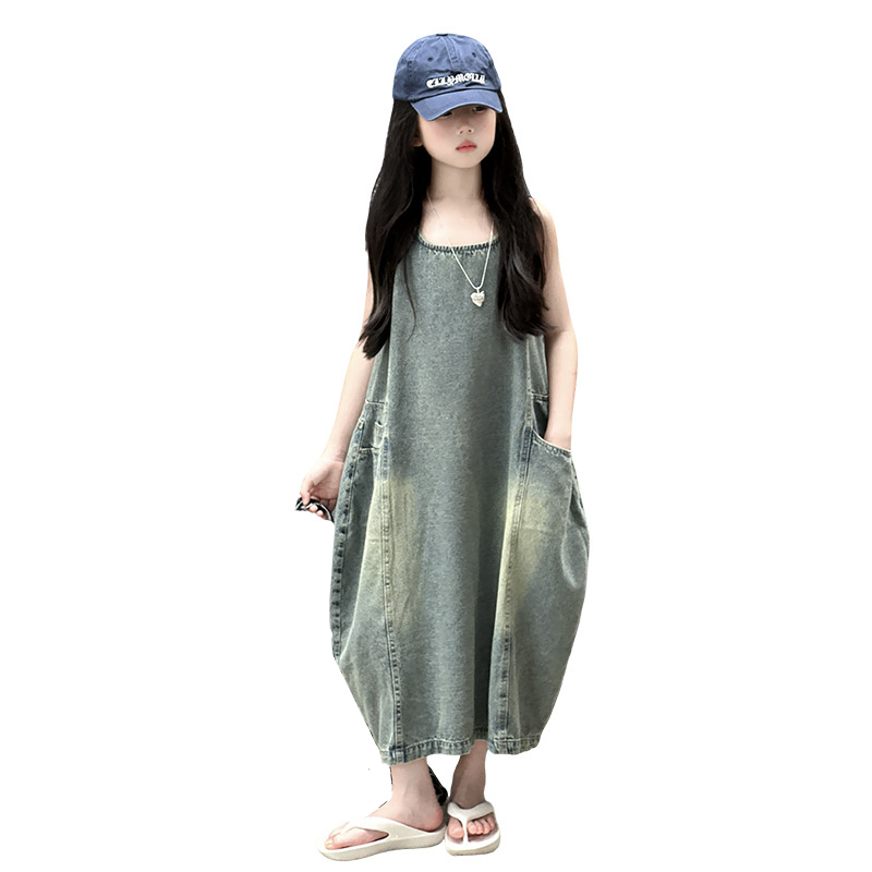 ヴィンテージブルー子供女の子高品質ノースリーブデニムドレスス - Vintage Fashion Outfit のレビューと価格