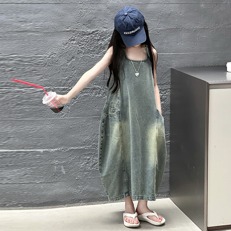 ヴィンテージブルー子供女の子高品質ノースリーブデニムドレスス - Vintage Fashion Outfit のレビューと価格